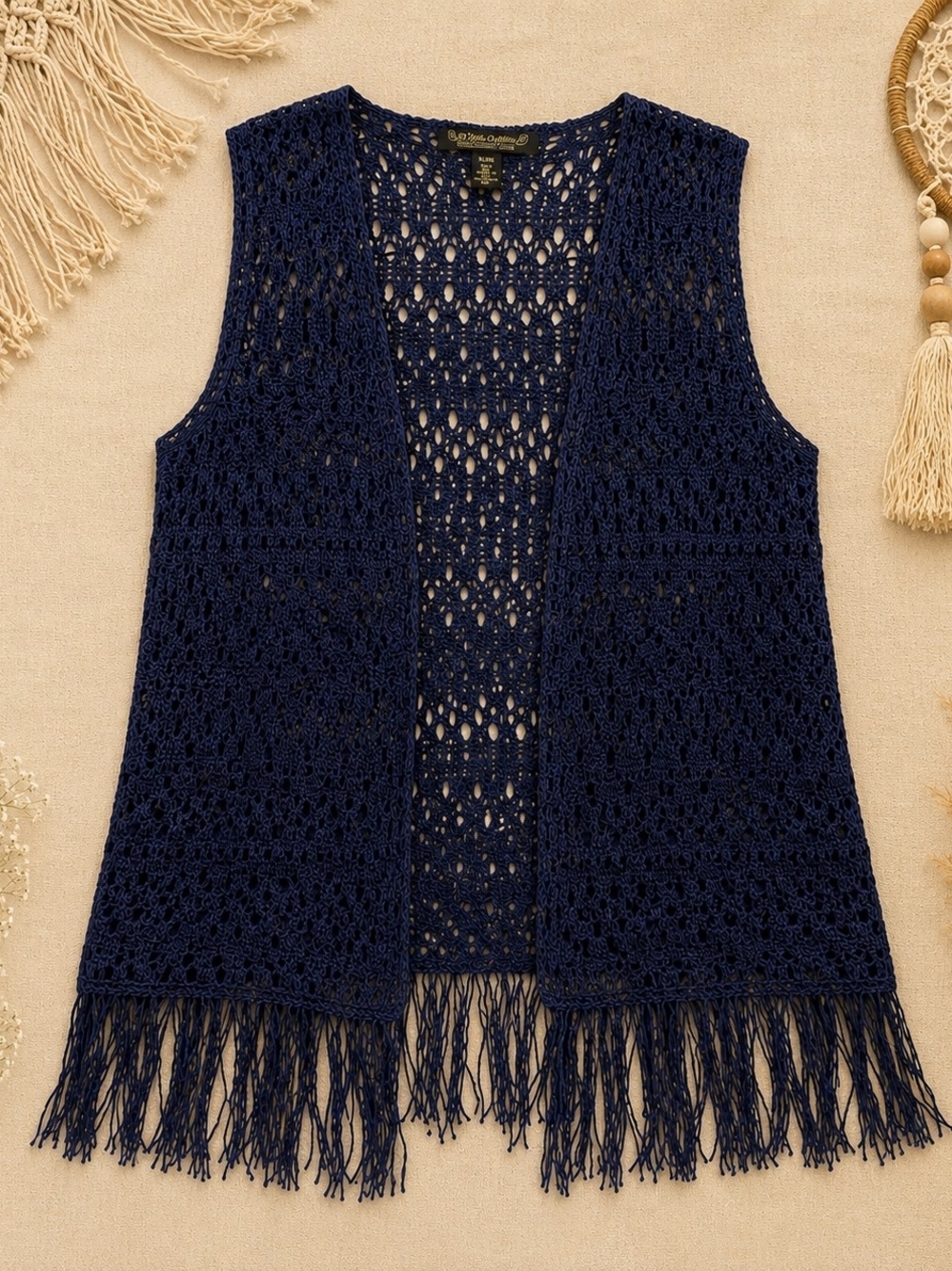 Noble Outfitters Crochet Fringe Vest XL XXL Navy Boho Western Festival Layer